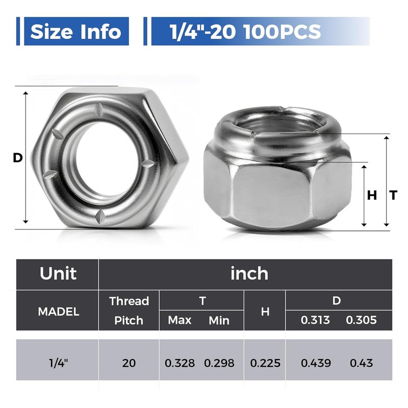 Wiewotsu 100 Pack 1/4"-20 Inch Lock Nuts, Premium Paterial Nylon Embedded Locking Nut, Hardware Nuts Suitable for Use in Industries, Furniture and Construction. - Image 2